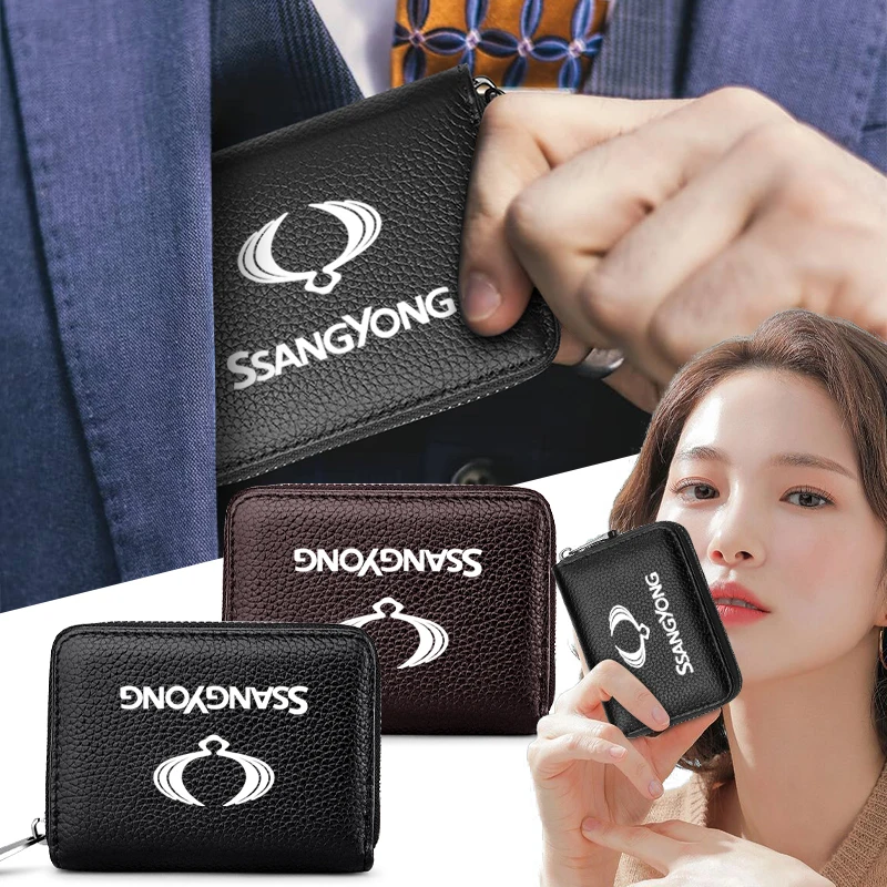 

Car Styling Leather Zipper Wallet Driver License Business Card Organizer Pouch For SsangYong Actyon Kyron Korando Rexton Tivoli