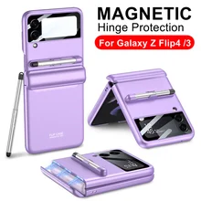 Case for Samsung Galaxy Z Flip 4 3 5G Magnetic Hinge Full Protection Cover Camera Glass Hard Plastic Back Case With Touch Pen
