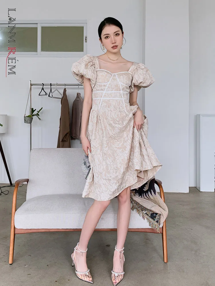 

LANMREM Women Bow Tie Backless Knee-length Dress Puff Short Sleeve Backless A-line Slim Fit 2022 Summer Female Clothing 2I651