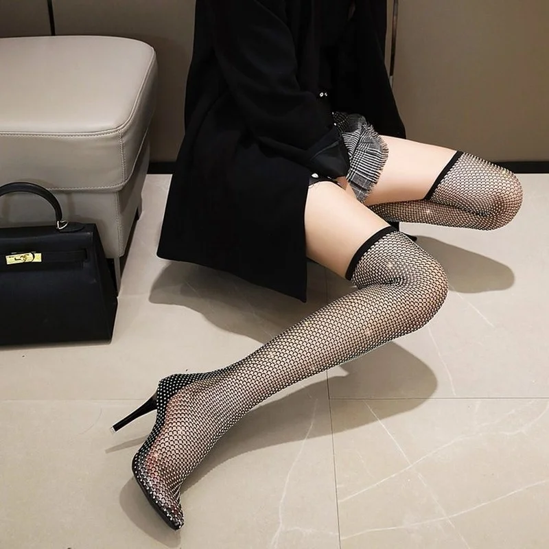 

Sandals Women's High-heeled Europe The United States Sexy Pointed Toe Fine-heeled Fishnet Socks Hollow Rhinestone Socks Boots