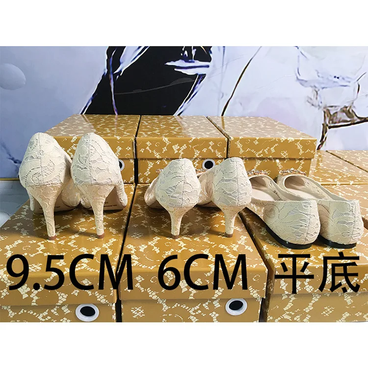 2023 Autumn Lace Pointed High Heel Net Yarn Breathable Rhinestone Flat Fine Heel Women's Single Shoes