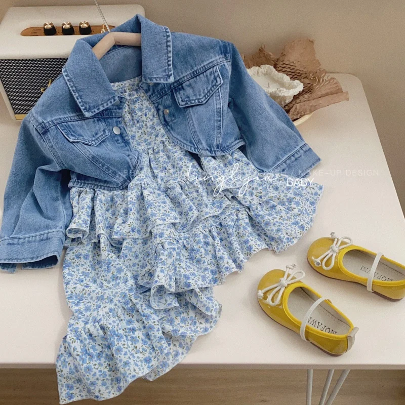 

Girl's Fashionable Suit Baby 2023 Spring New Children's Fashionable Denim Coat Dress Spring and Autumn Two-Piece Set