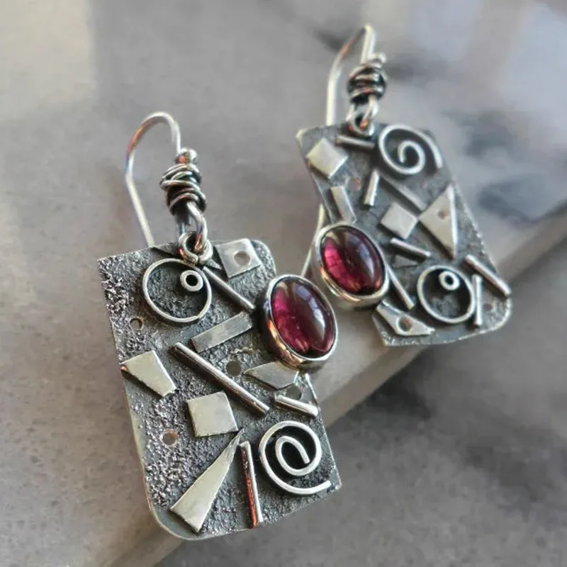 

Ancient Silver Geometric Square Irregular Spiral Drop Earrings Retro Bohemian Tribal Style Jewelry