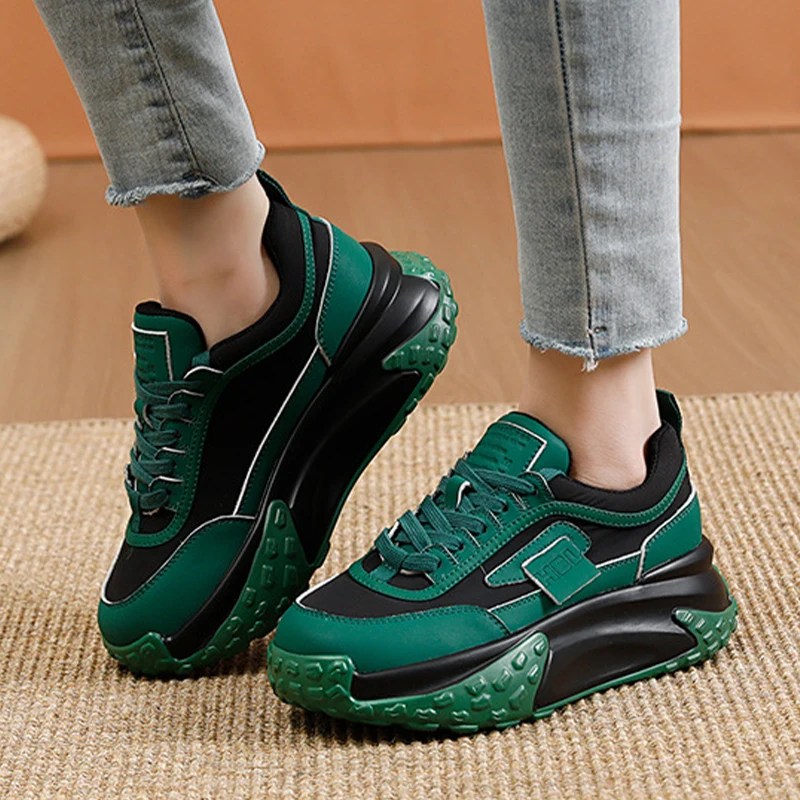 5.5CM Genuine Leather Comfy Contrast Female Sneaker Breathable Pink Green Shoe Chunky Sneakers Spring Platform Wedge Women Shoes