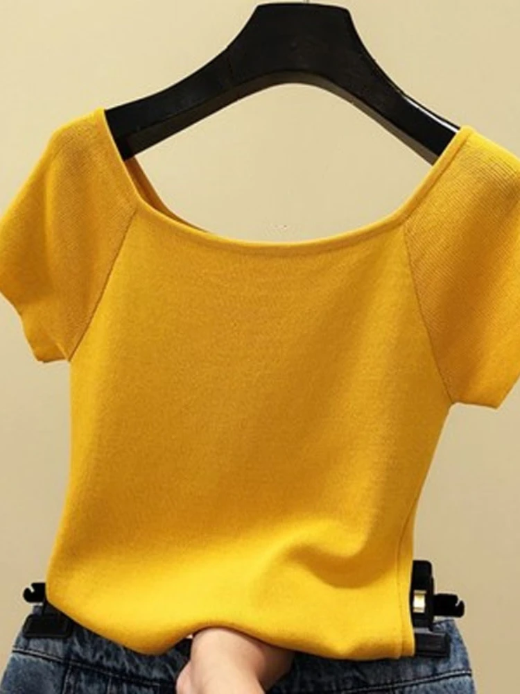 

Fashion Female Short Sleeve Dew Shoulder Tank Tops Sexy Women Sweater Knitted Pullovers Streetwear Collocation