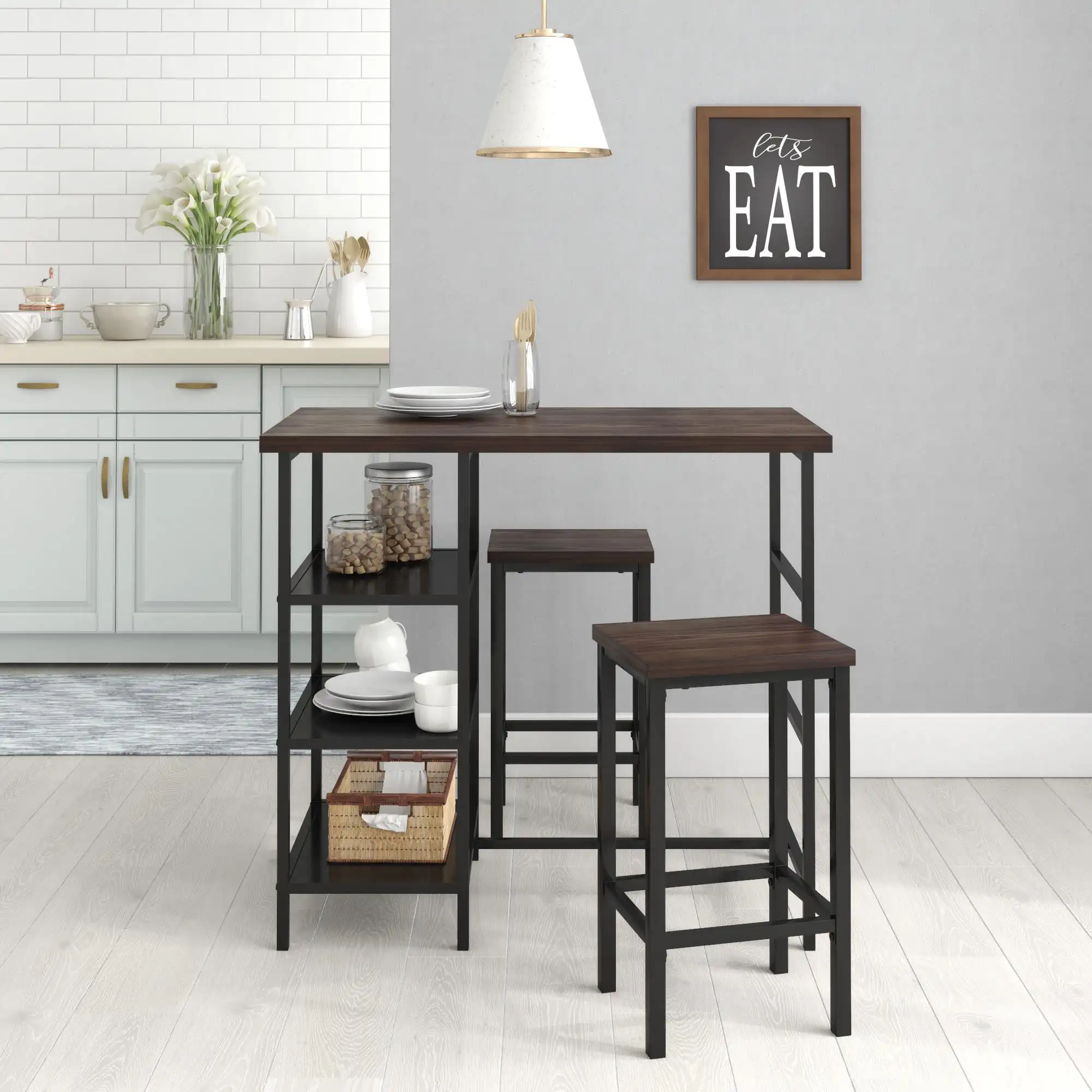 

3 Piece Dining Pub Set Counter Height with Backless Barstools, Espresso