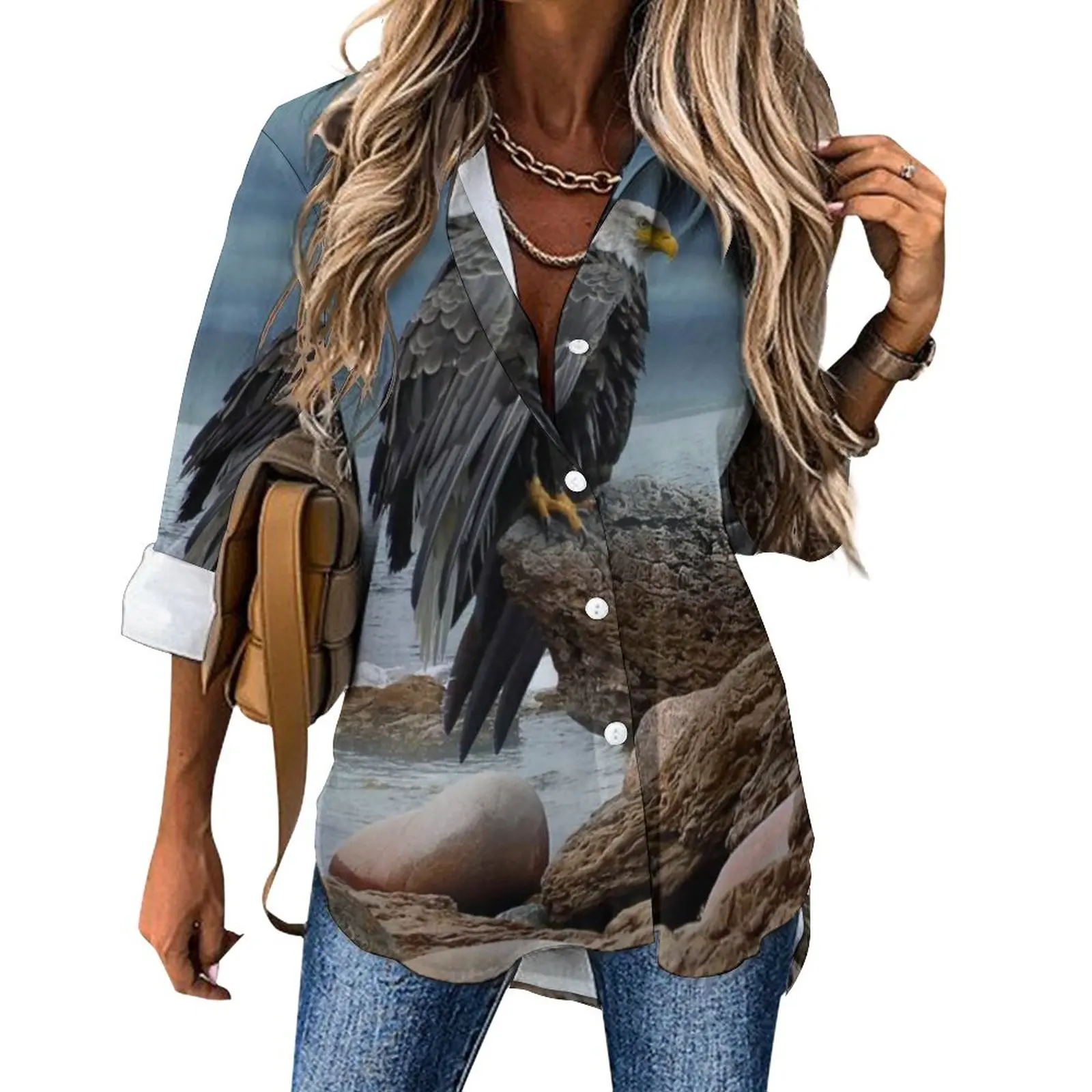 

Bald Eagle Blouse Women Predator Sea Eagles Streetwear Loose Blouses Summer Long-Sleeve Modern Shirt Print Top Big Size 2XL 3XL