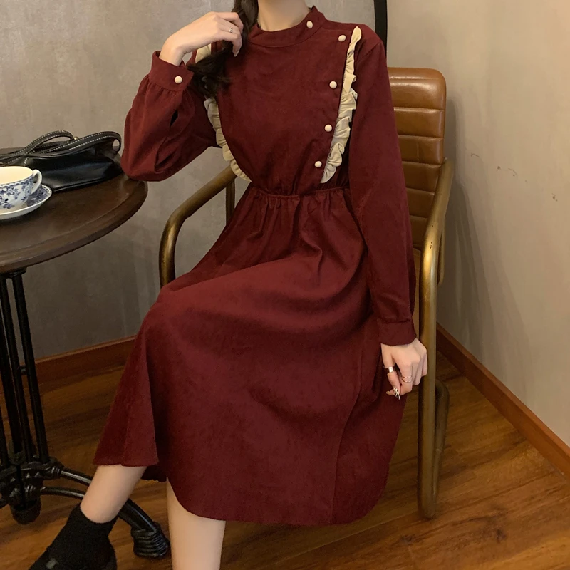

French vintage elastic waist casual loose Ladies black dresses autumn winter Long Sleeve corduroy Dress Women vestidos de mujer