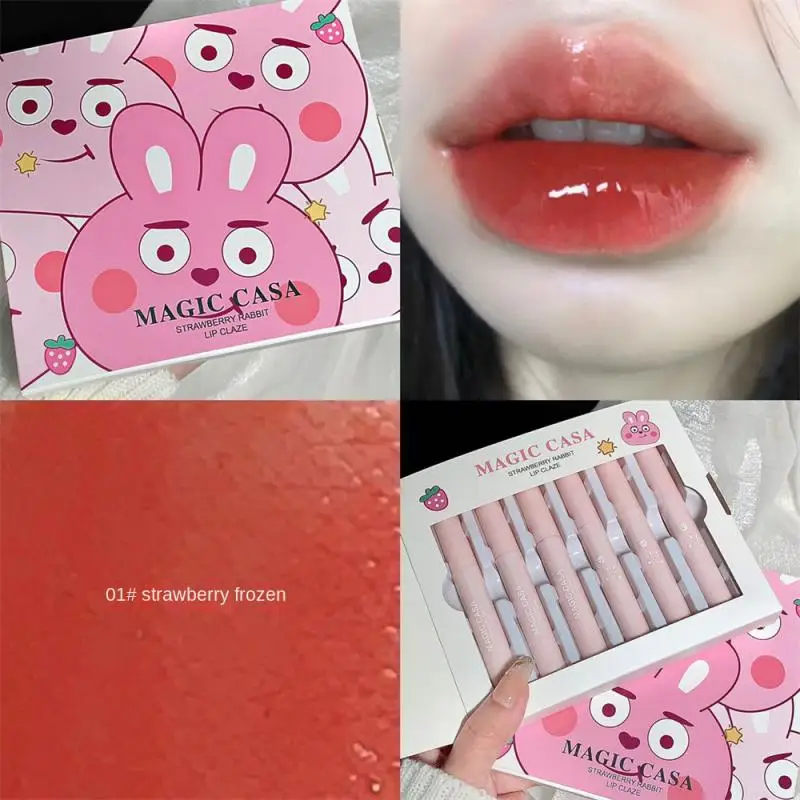 

New 6 Pcs/set Lip Gloss Gift Box Strawberry Rabbit Water Gloss Mirror Lip Glaze Moisturizing Whitening Student Makeup Cosmetics