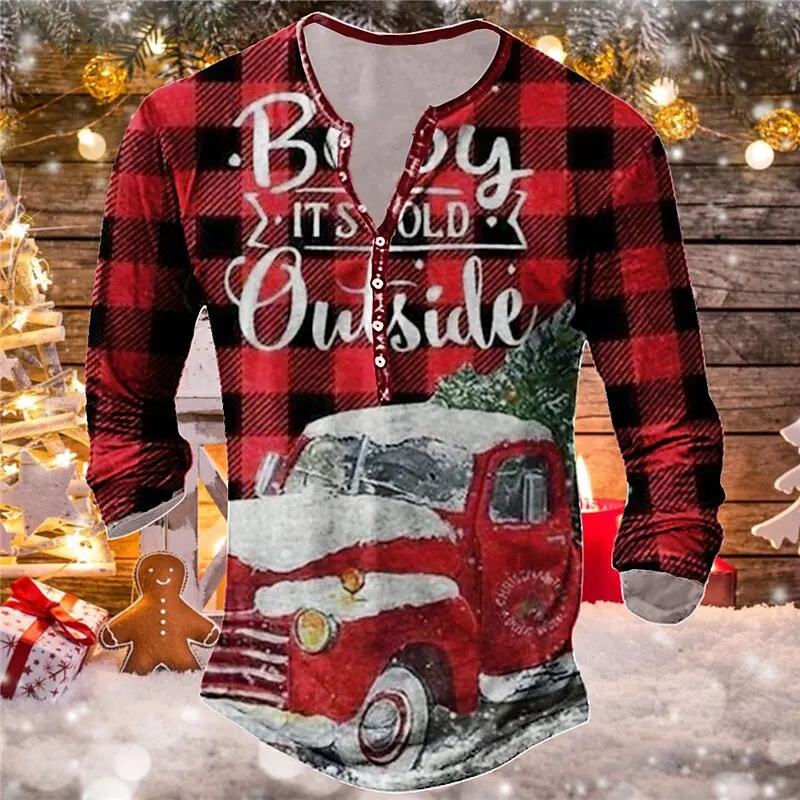 

Vintage Men's T-Shirt Christmas Plaid Graphic T Shirts Cotton Tee Overszied Men's Clothing Top 3d Print Long Sleeve Henley Shirt