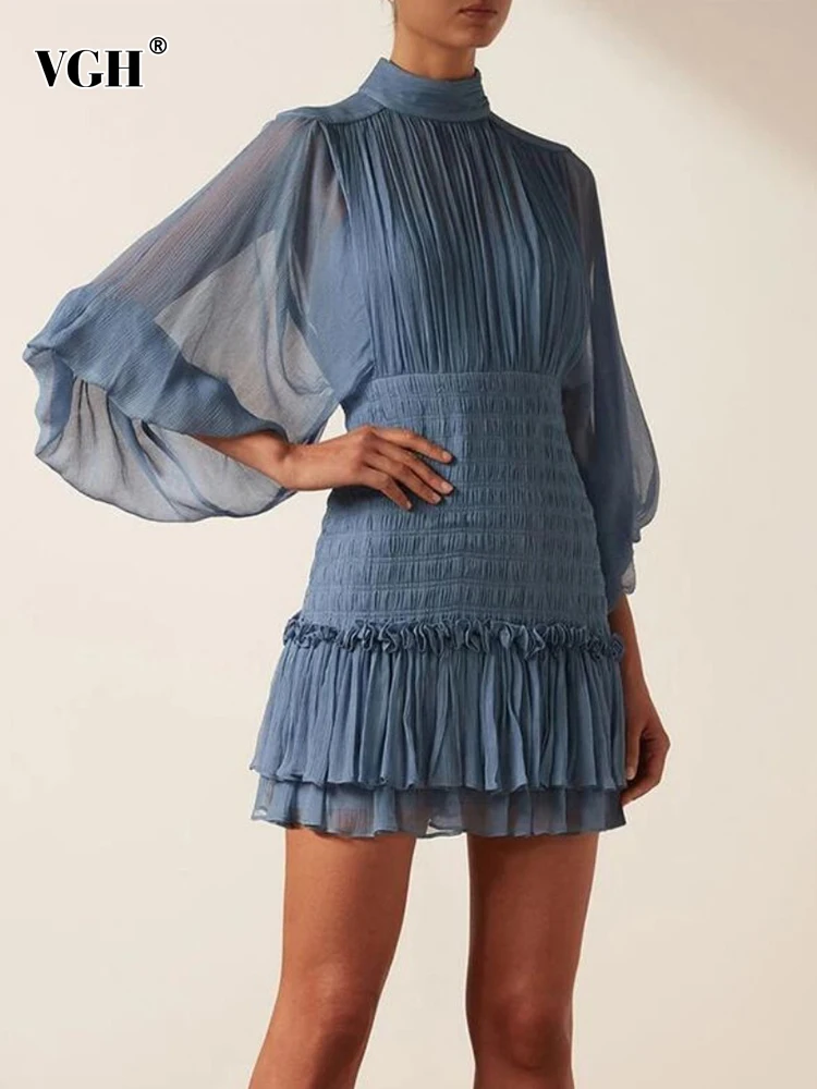 

VGH Casual Solid Mini Dress For Women Stand Collar Long Lantern Sleeve Gathered Waist Ruched Dresses Female Clothing Fashion New