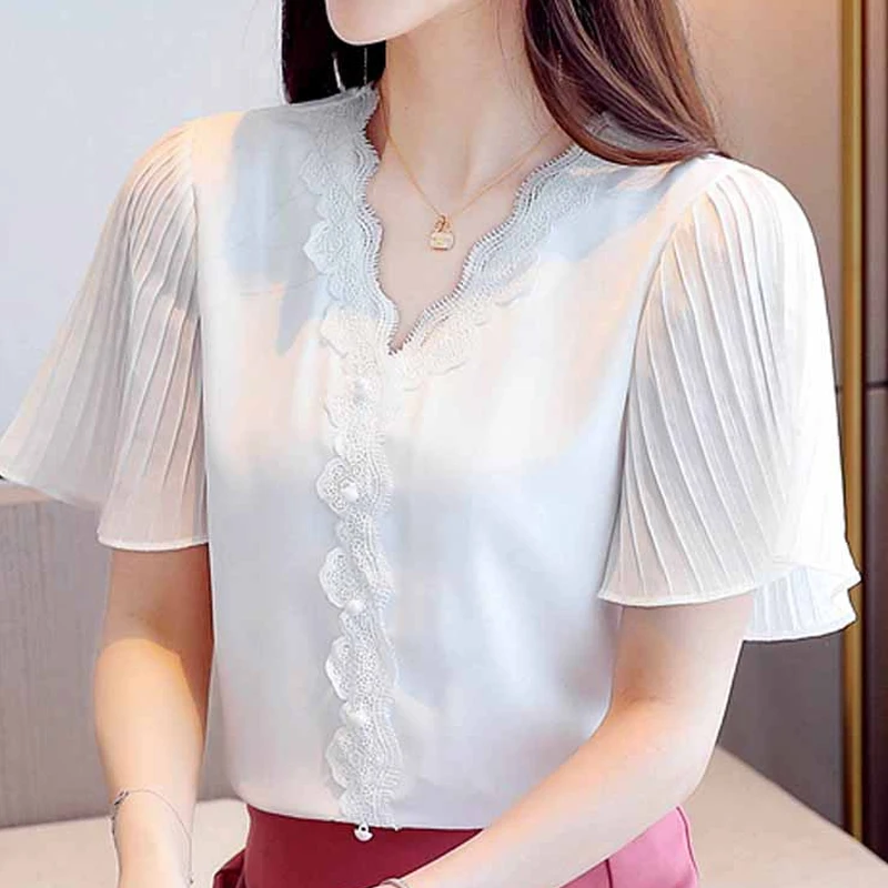 

Summer White Blouse Women Short Sleeve V-Neck Lace Chiffon Blouse Shirt Tops Women Blusas Mujer De Moda 2022 Blouses Femme D231