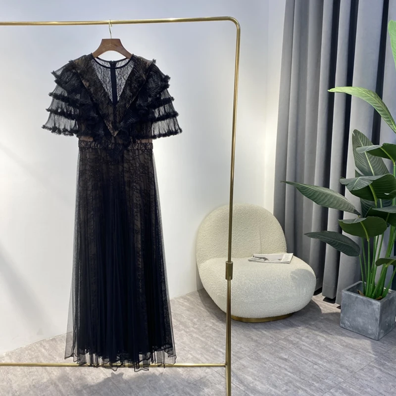 

2022 Spring New Arrival Lace Patchwork Layered Frill Long Sleeve Ladies Elegant Black Mesh Elegant Dress Party