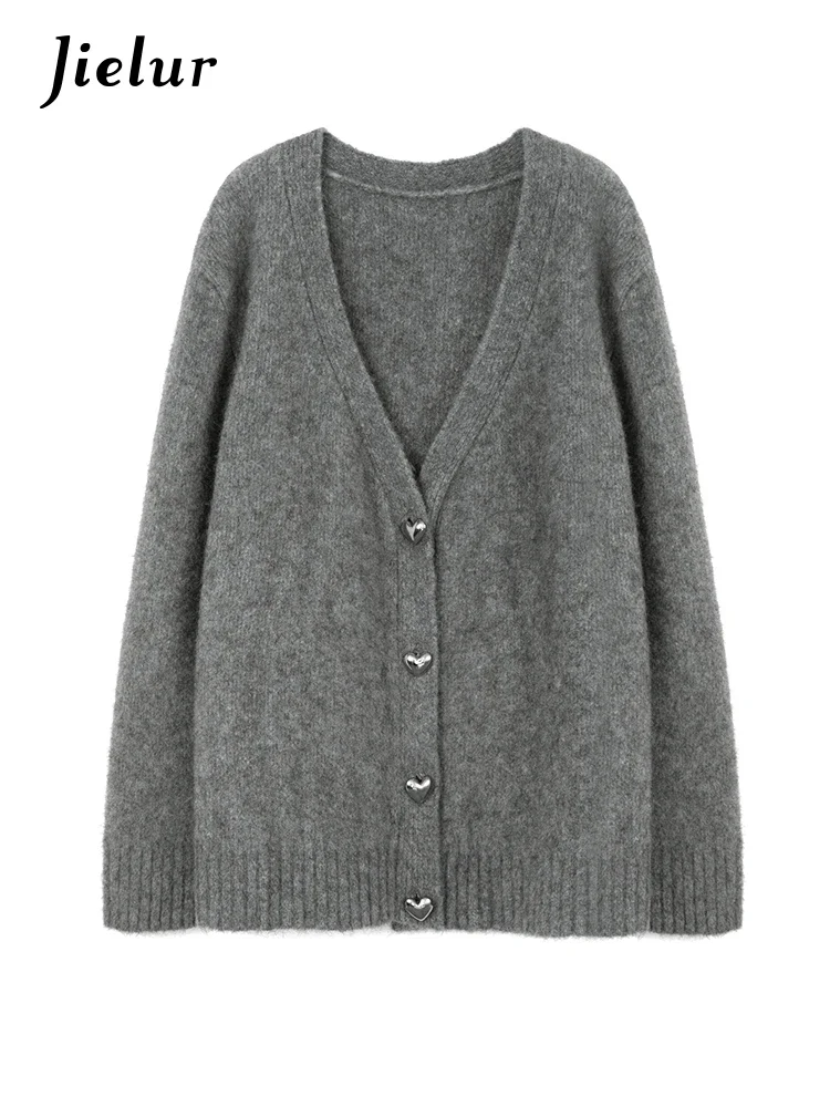 

Женский кардиган свободного покроя, однотонный элегантный вязаный кардиган серого цвета в Корейском стиле на осень