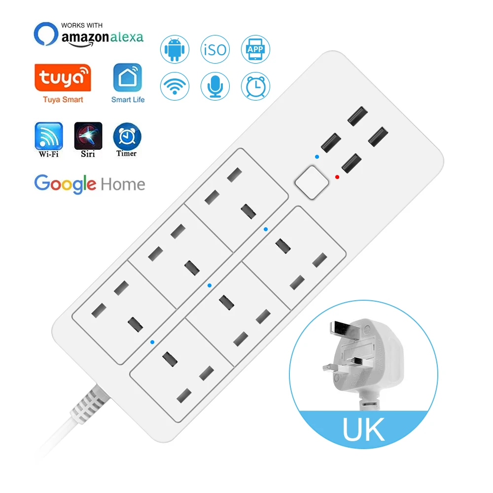 Умная розетка Power Strip с Wi-Fi Smart Wifi Tuya, 6 розеток для Великобритании, 4 USB-порта, 2,4 / 5 ГГц, зарядное устройство, с функцией таймера, управление по Bluetooth, совместимость с Alexa и Google Home.