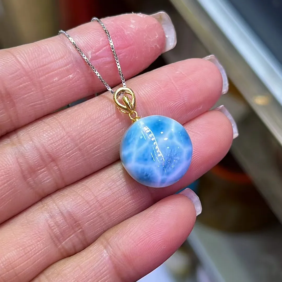 

Natural Blue Larimar Round Pendant Gemstone Necklace 17.5mm Women Men Larimar 18K Gold Fashion Jewelry AAAAAA