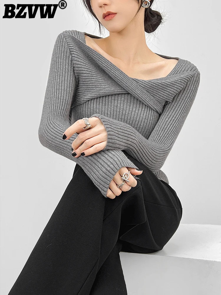 

BZVW Designer Bow Cross V-neck Knitted Shirt Women's Casual Long Sleeve Slim Temperament Knit Top Female 2023 Spring Autumn New