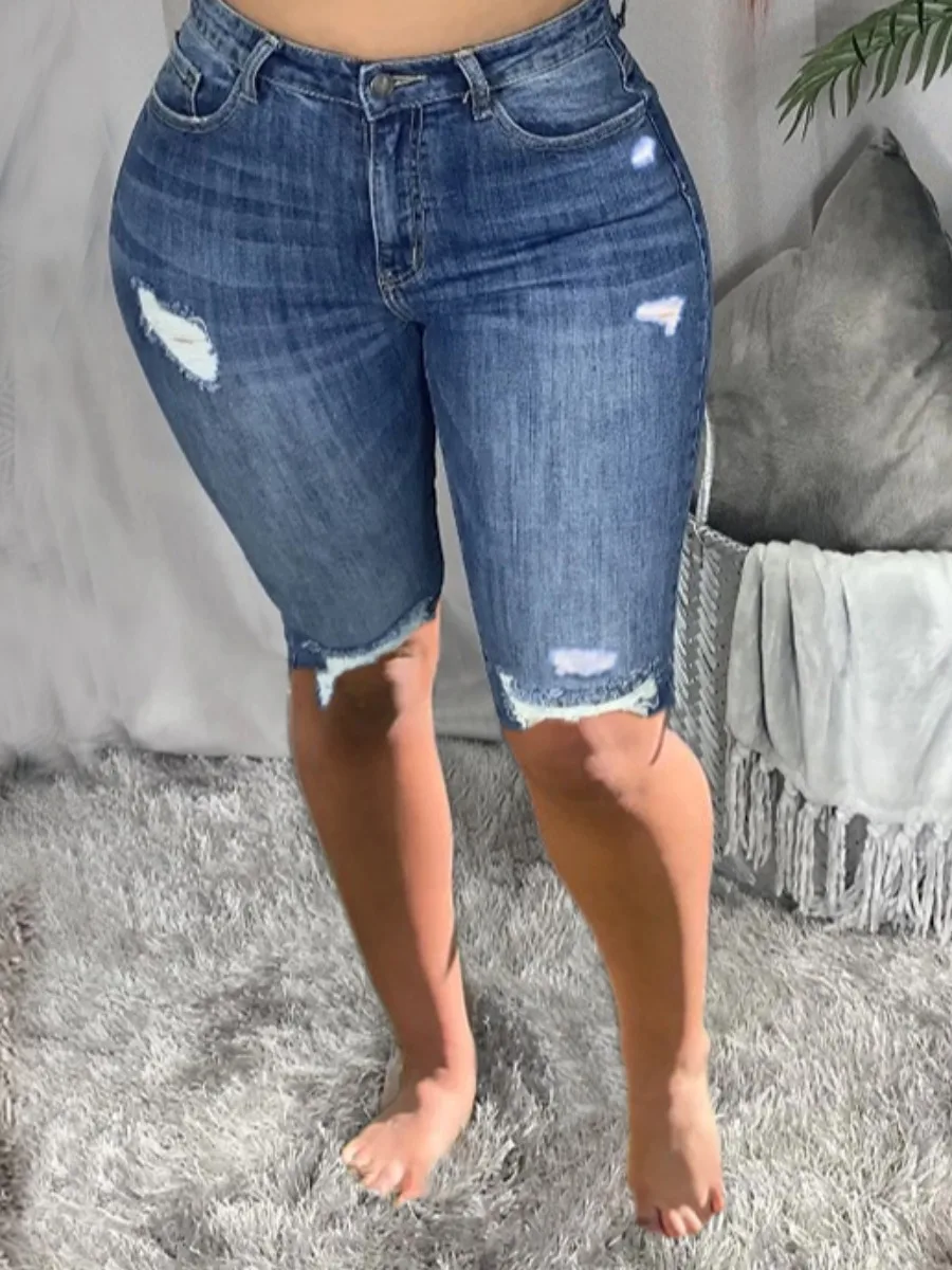 

LW Booty Shorts Y2K Casual Simple Style Solid Hot Sale Zipper Fly All Matching Casual High-waisted Ripped Deep Blue Denim Pants