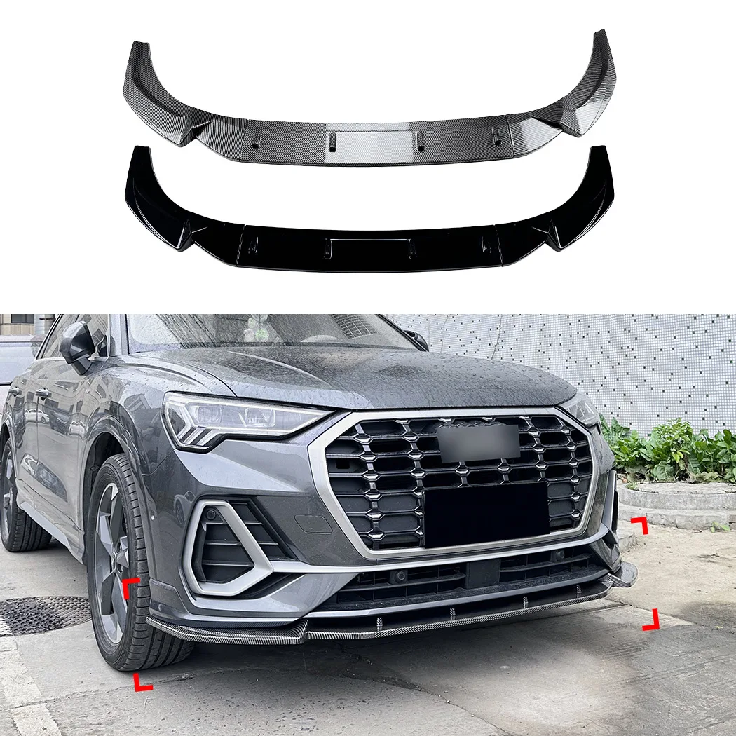 Фото Накладка-сплиттер на передний бампер для Audi Q3 F3 S-Line 2019+ из углеродного волокна, цвет черный глянец, с диффузором, комплект для тюнинга, внешние аксессуары №1