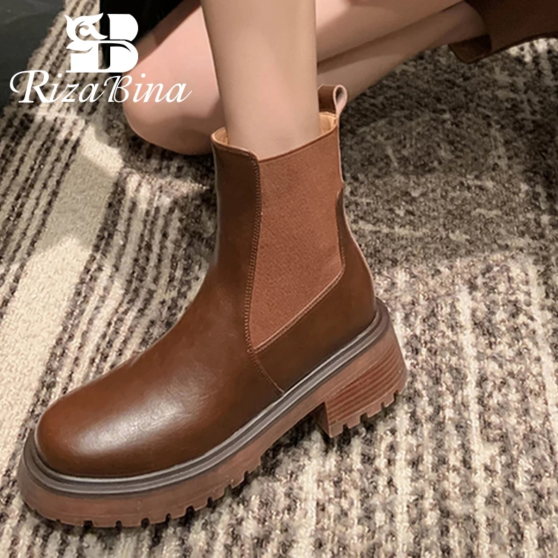 

RIZABINA 2023 New Ankle Boots Women Real Leather Inc Chunky Shoes Woman Winter Fashion Cool Club Short Boots Footwear Size 34-39