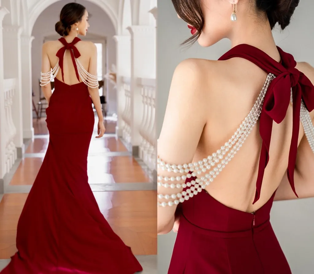 

Sexy Dark Red Mermaid Evening Formal Dresses Halter Backless Pearls Satin Long Prom Party Gowns Vestidos Robe De Soiree