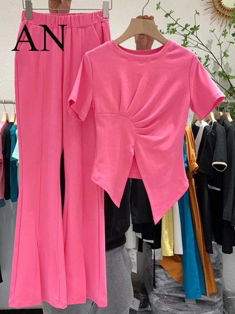 Новый Повседневный брючный костюм с разрезом новая облегающая короткая футболка