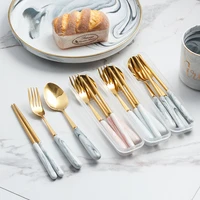 nordic style marble pattern cutlery set stainless steel portable fork spoon chopsticks with storage box lunch tableware set