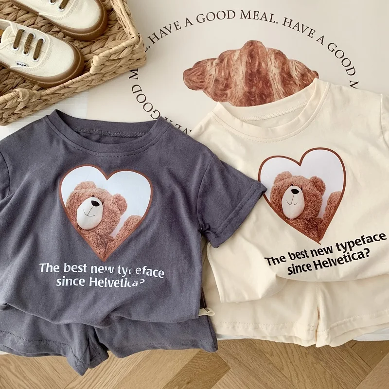 

Summer Children Bear Clothes Set 0-6Years Kids Boy Girl Short Sleeve Cartoon Pattern T-shirt Tops+Shorts Bottom 2PCS Outfts