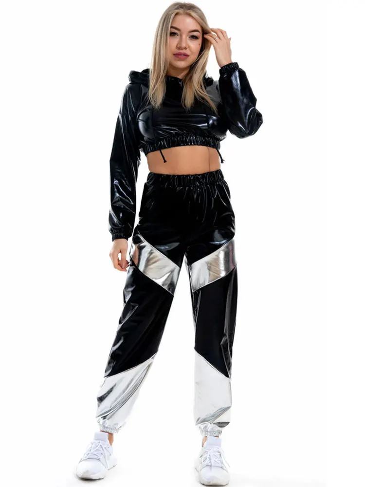 GACVGA 2024 New Shiny Long Sleeve Crop Tops Hoodies Sweatshirts And Trousers Women Stretchy Two Piece Pant Set