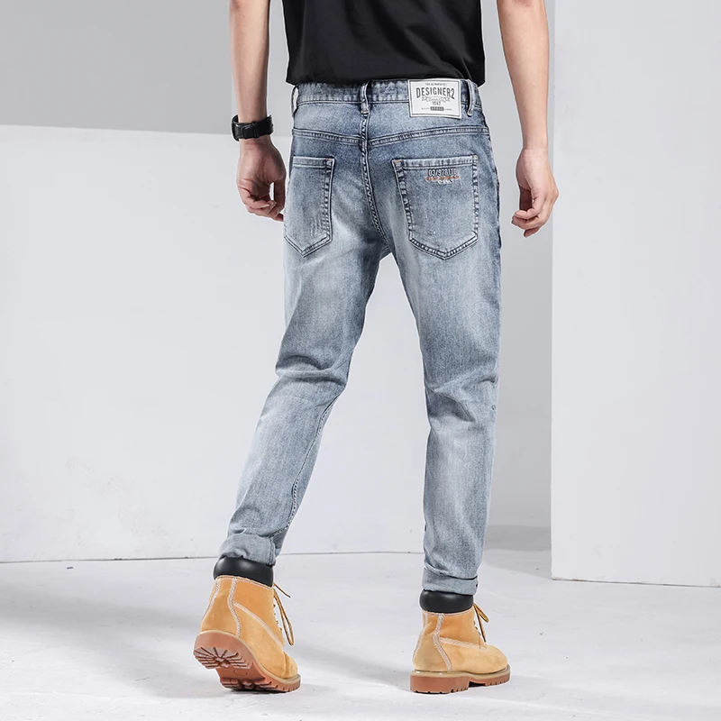 2022 New Men's Retro Light Blue Jeans Business Casual Stretch Straight Denim Pants Male Mid-waist Trousers Drop Shipping