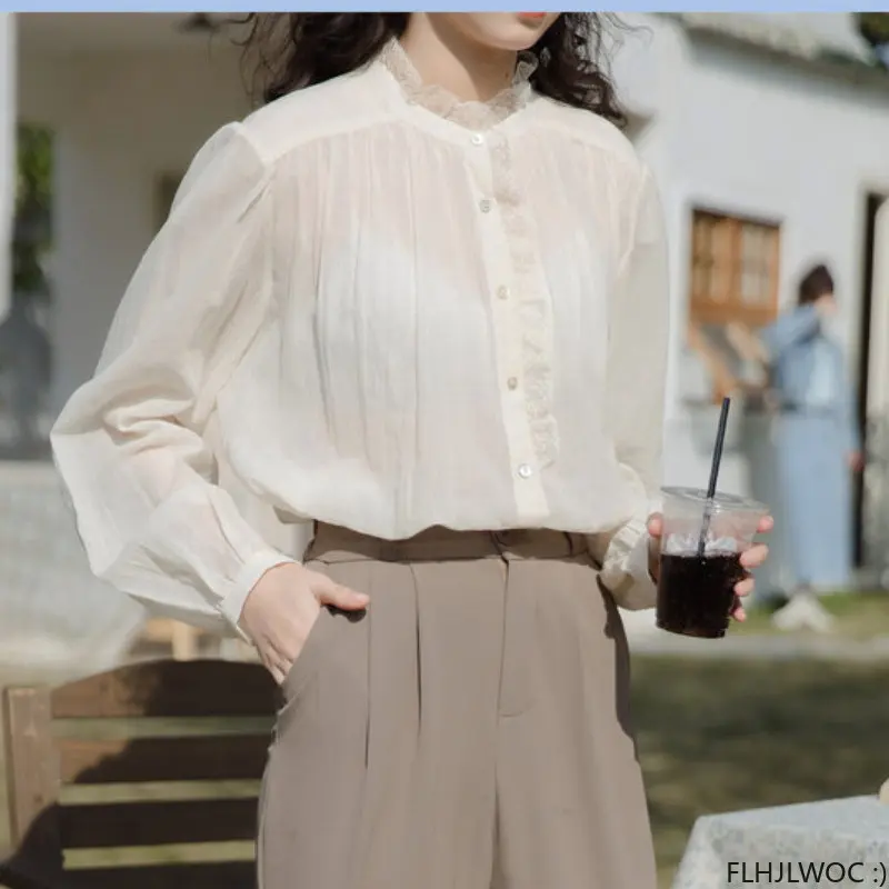 

Hot Sales Ruffles Korea Chic Tops Blusas Holiday Sheer Mesh Thin Transparent Button Shirt FLHJLWOC 2023 Design Women Blouses