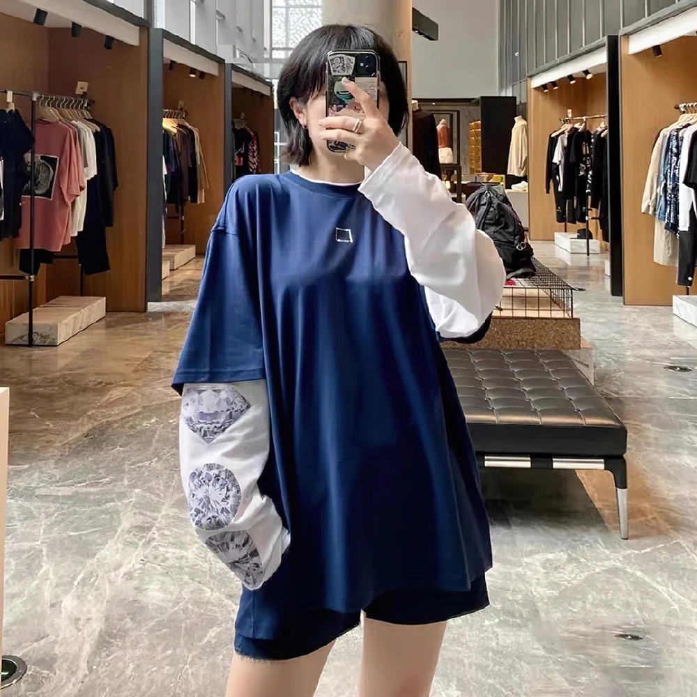 

Rowling Mirror Diamond Smiley Imitation Two Pieces Tees Women Spring Long Sleeve T Shirt Casual Hipster Clothes Creativity Tops