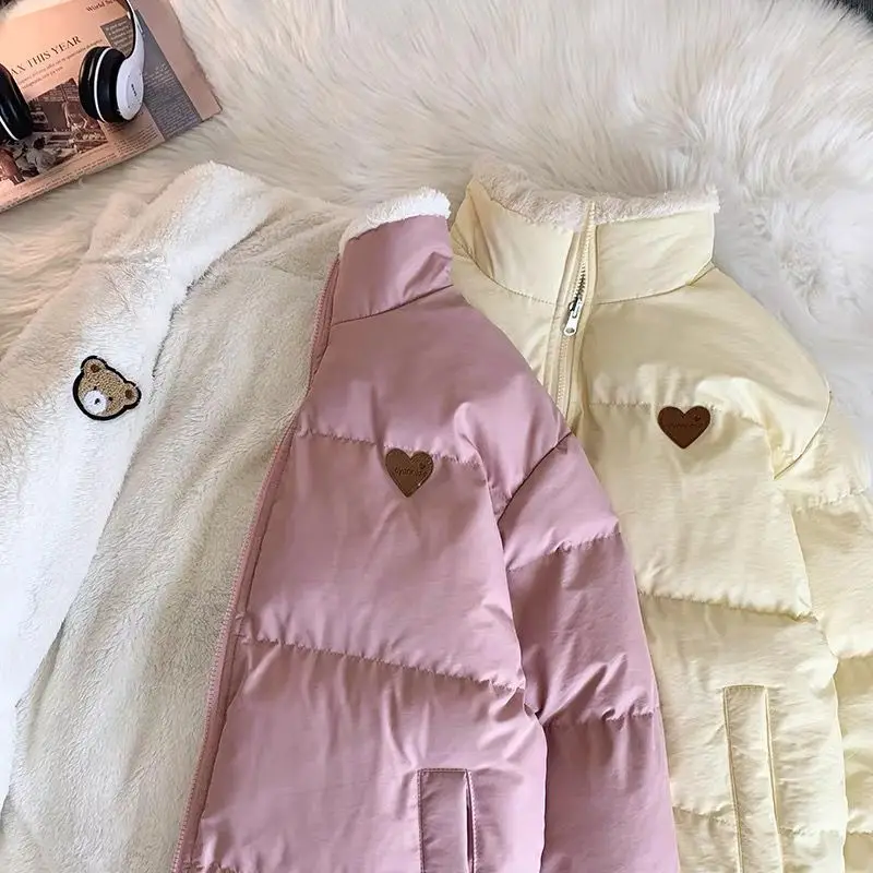 2022 Cute Embroidery Women Parkas Coat Winter Thick Hairy Korean Loose Warm Jacket Double Sided Design Pink Student Clothes