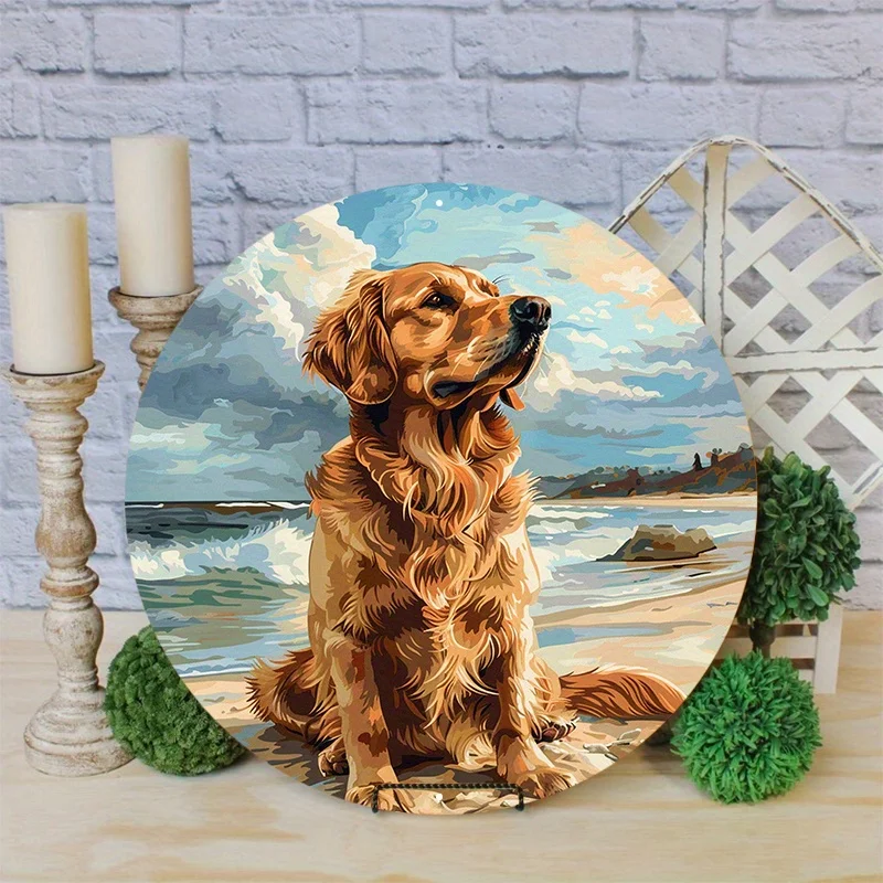 Okrągły aluminiowy metalowy znak tabliczka wieniec z płaskim wzorem psa 2D do dekoracji wnętrz zabawny wystrój jako prezenty dekoracja ścienna