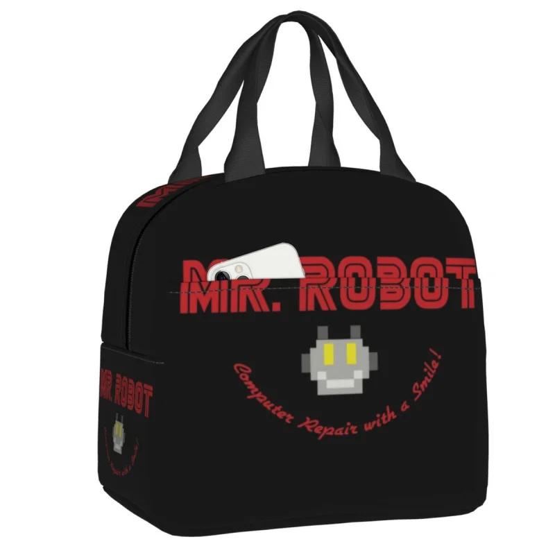 

Mr Robot Repair With A Smile Insulated Lunch Bag for Women Kids Reusable Thermal Cooler Lunch Box School Picnic Container Bags
