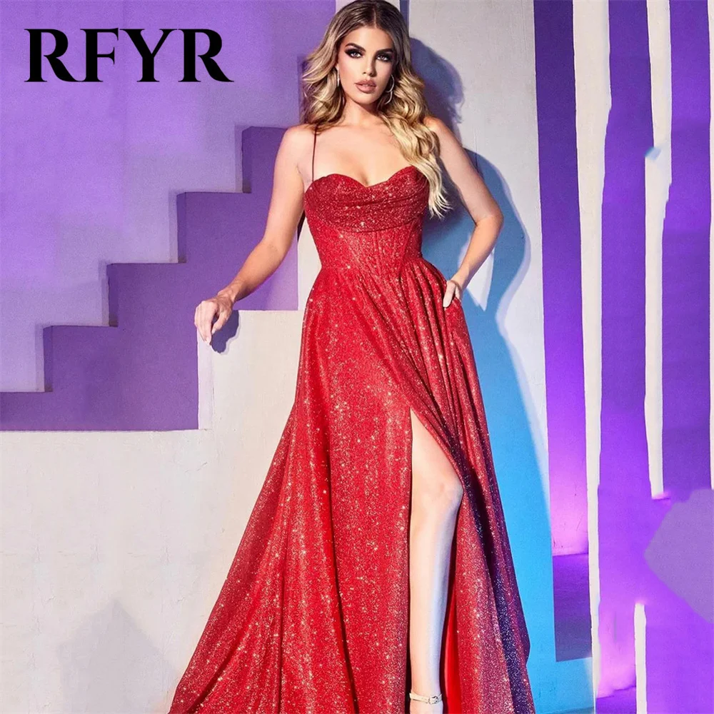 Выпускные платья с блестками RFYR красные вечерние на бретелях-спагетти со