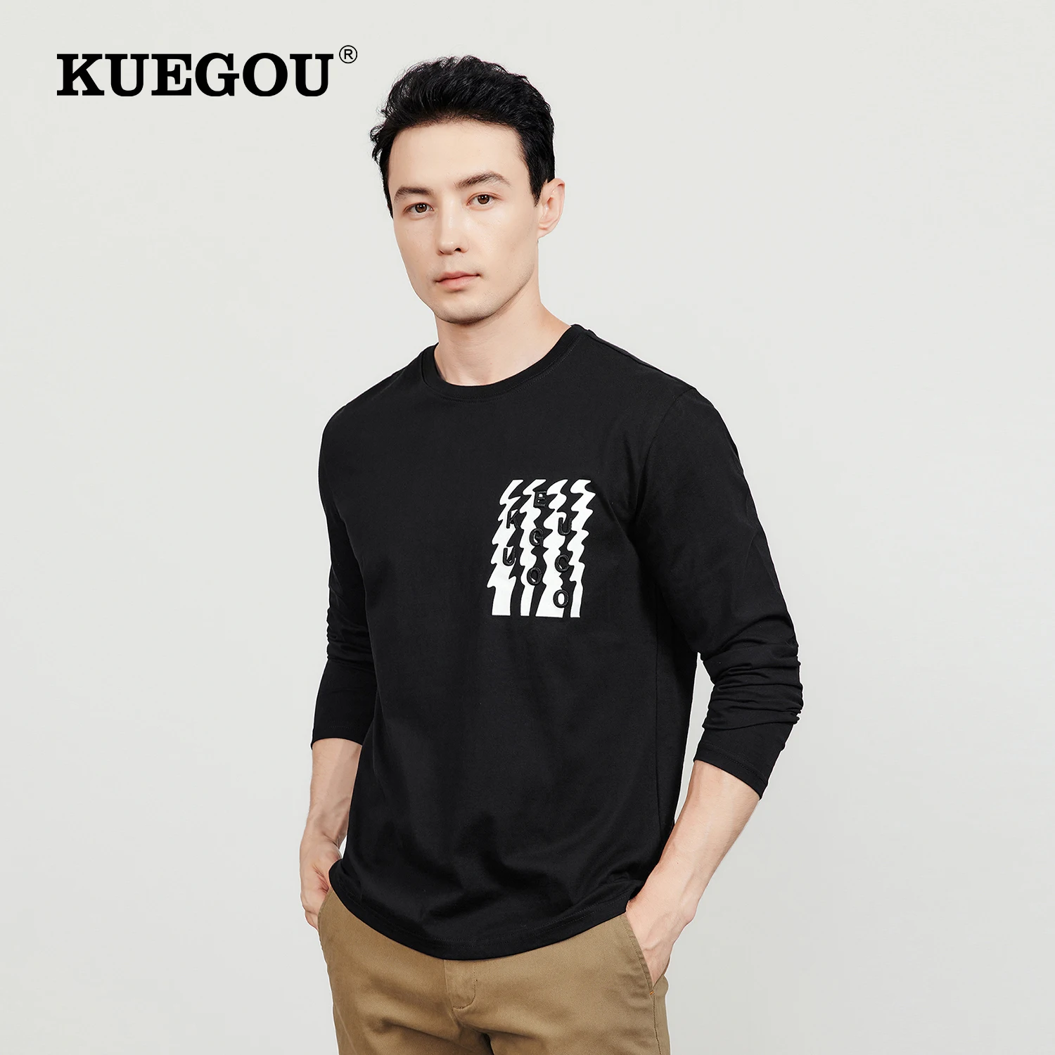 

KUEGOU 100% хлопковая футболка с графическим принтом для мужчин, Винтажная футболка, Мужская футболка с длинным рукавом, Мужская Корейская 2022, фу...
