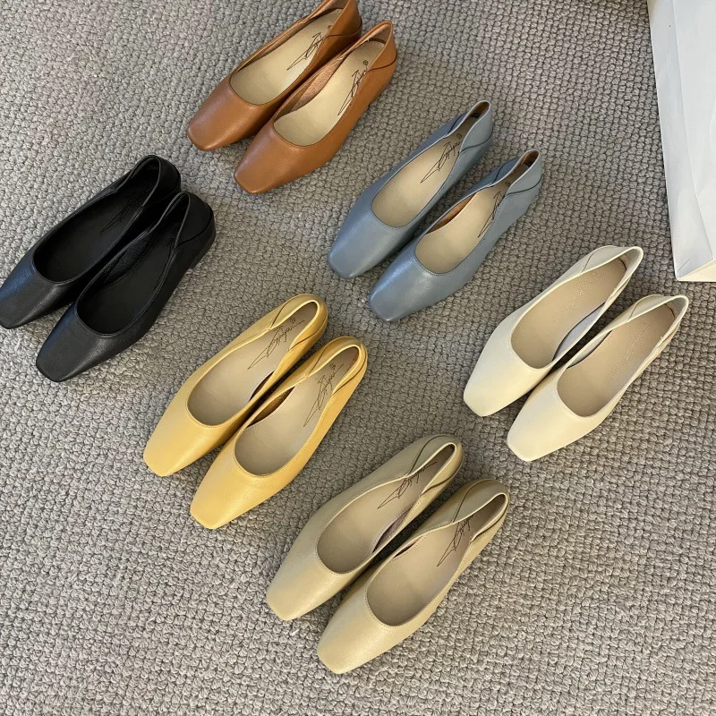 

Korean Shoes Female Footwear Soft Loafers With Fur Casual Sneaker Square Toe Shallow Mouth Low Heels 2023 Retro Dress New Boat C