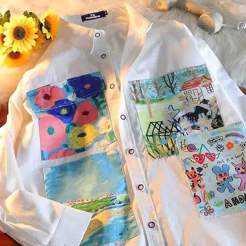 

Harajuku Tops Women Spring 2023 Women's Clothing Women Plus Sizes Vintage Clothes Patchwork Blouses for Women Street Style
