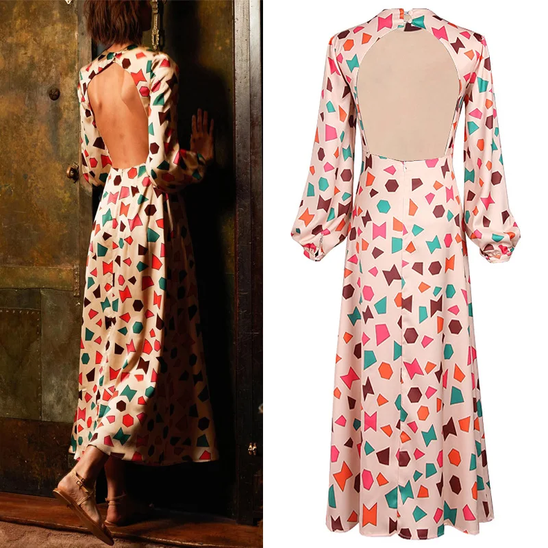 

2023 High Quality Fashion Geometric Printing Slim Fit Open Back Sexy Leisure Holiday Women's Dress summer dress