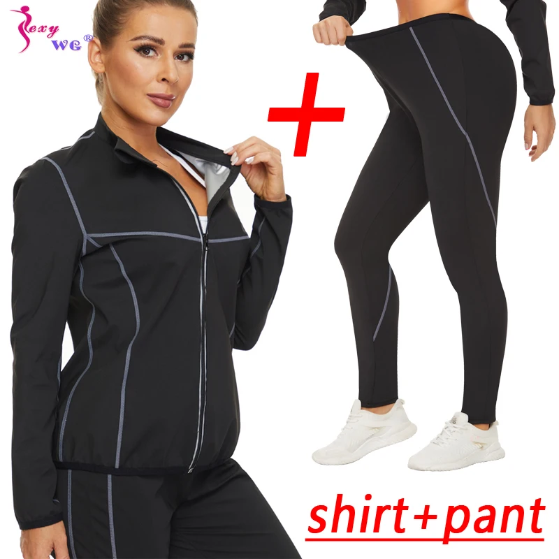 SEXYWG Workout Sauna Suits Yoga Set Waist Trainer Tops + Sweat Pants Women Slimming Body Shaper Fat Burn Set Fitness Weight Loss