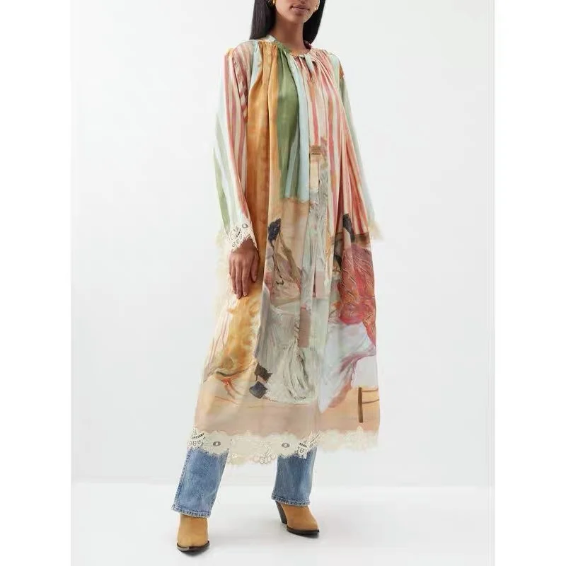 

2023 Spring and Autumn Women's New Print Pattern Ribbon Lantern Sleeve Long Shirt Skirt