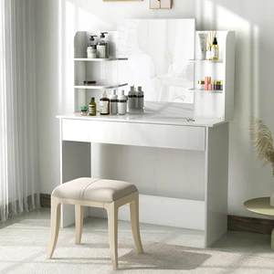 Dressing Table with Large Mirror Drawer and 4 Shelves Dressing Table with Cabinet White Wooden Dressing Table Gift for Women