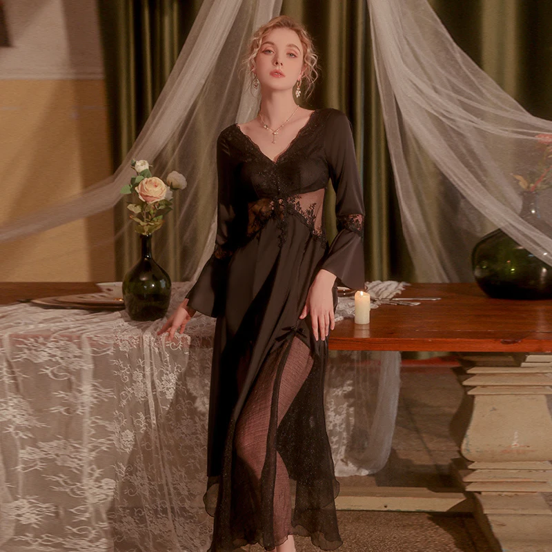 Elegant Sleep Dress Mesh Chest Pad Embroidered Lace Pajamas Women's Sleepwear Stain Nightgown Femme Lingerie Sexy Night Gown