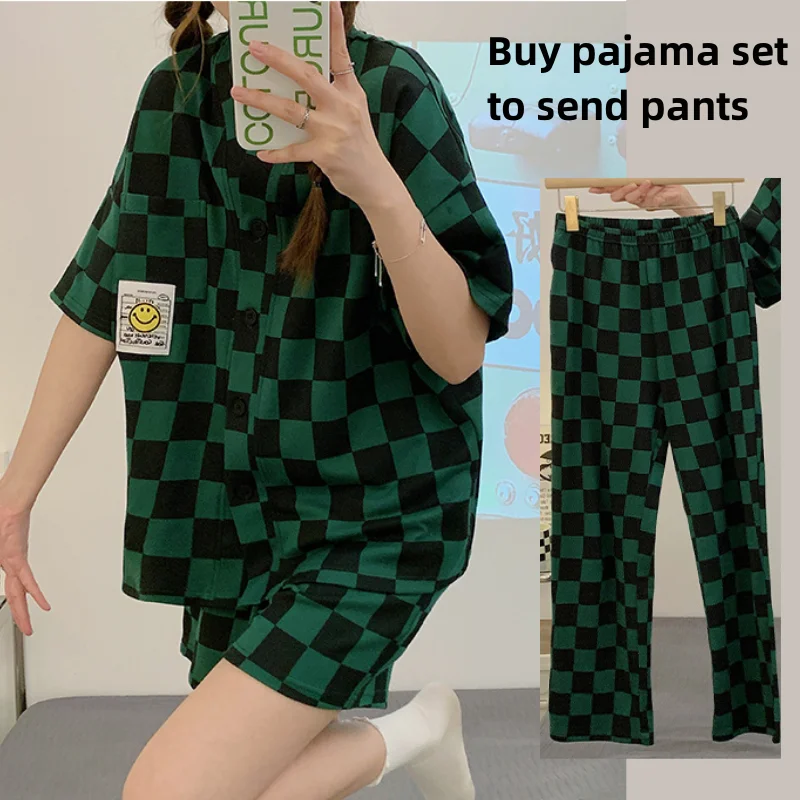 Yasuk Spring Summer Autumn Women's Casual Soft Cotton Simple Sleepwear Pajamas Set Long Short Pants Plaid Smile Sweet Girl 3Pc