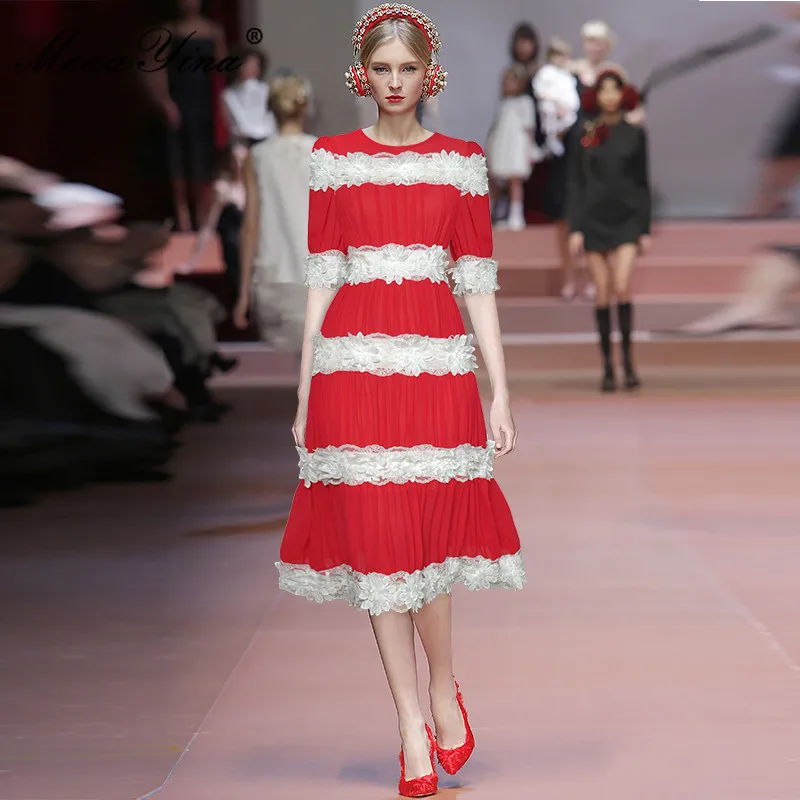 

Fashion Designer Summer Red Midi Dress Women's Short sleeve Flower Embroidery Applique Elegant Party Dress