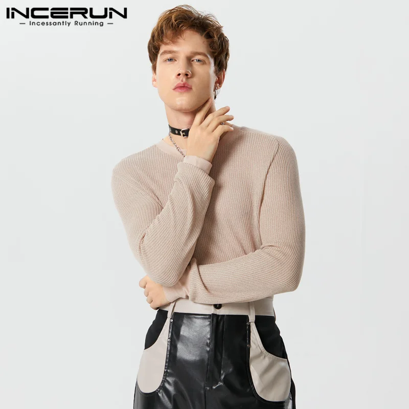 

INCERUN Tops 2023 American Style Stylish Mens Micro Transparent Mesh T-shirts Solid All-match O-neck Long Sleeved Camiseta S-5XL