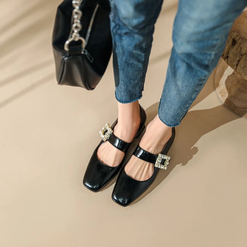 

2022 Spring/Autumn Women Shoes Square Toe Chunky Heel Mary Janes New Split Leather Women Pumps Concise Square Button High Heels