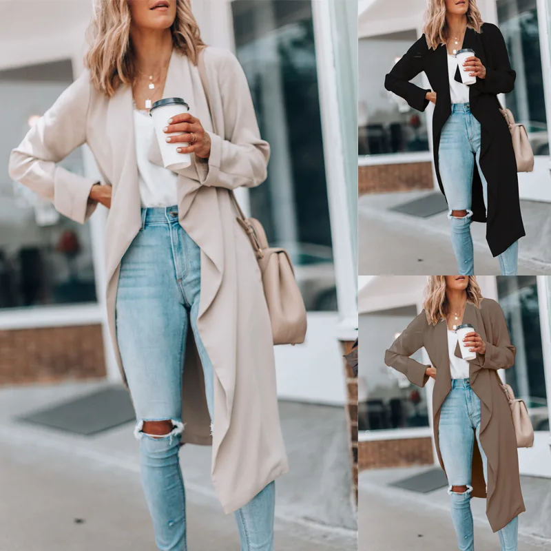 

Women Thin Trench Long Coat 2023 Autumn Spring Lapel Long Sleeve Coats Office Ladies Solid Slim Overcoat Outwear Abrigo Mujer