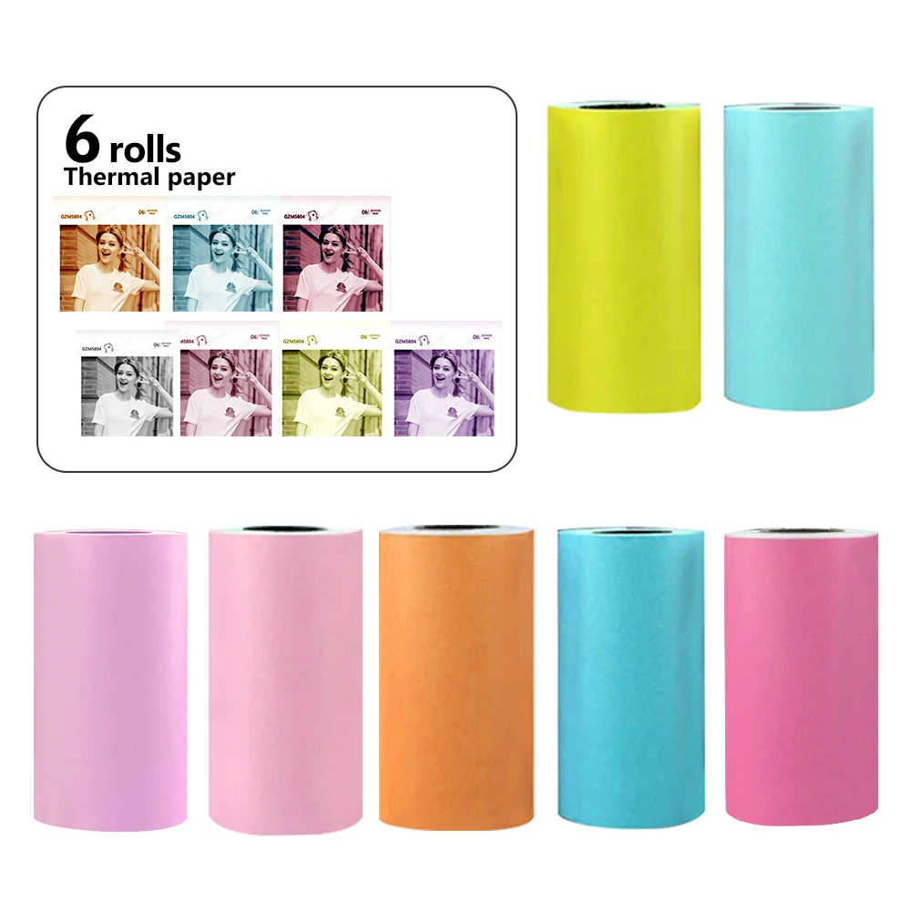 

6 Rolls Color Thermal Printer Sticker Paper 2 1/4" For Peripage Paperang P1/P2 57x30mm Mobile BT Printer Photo POS Receipt Label